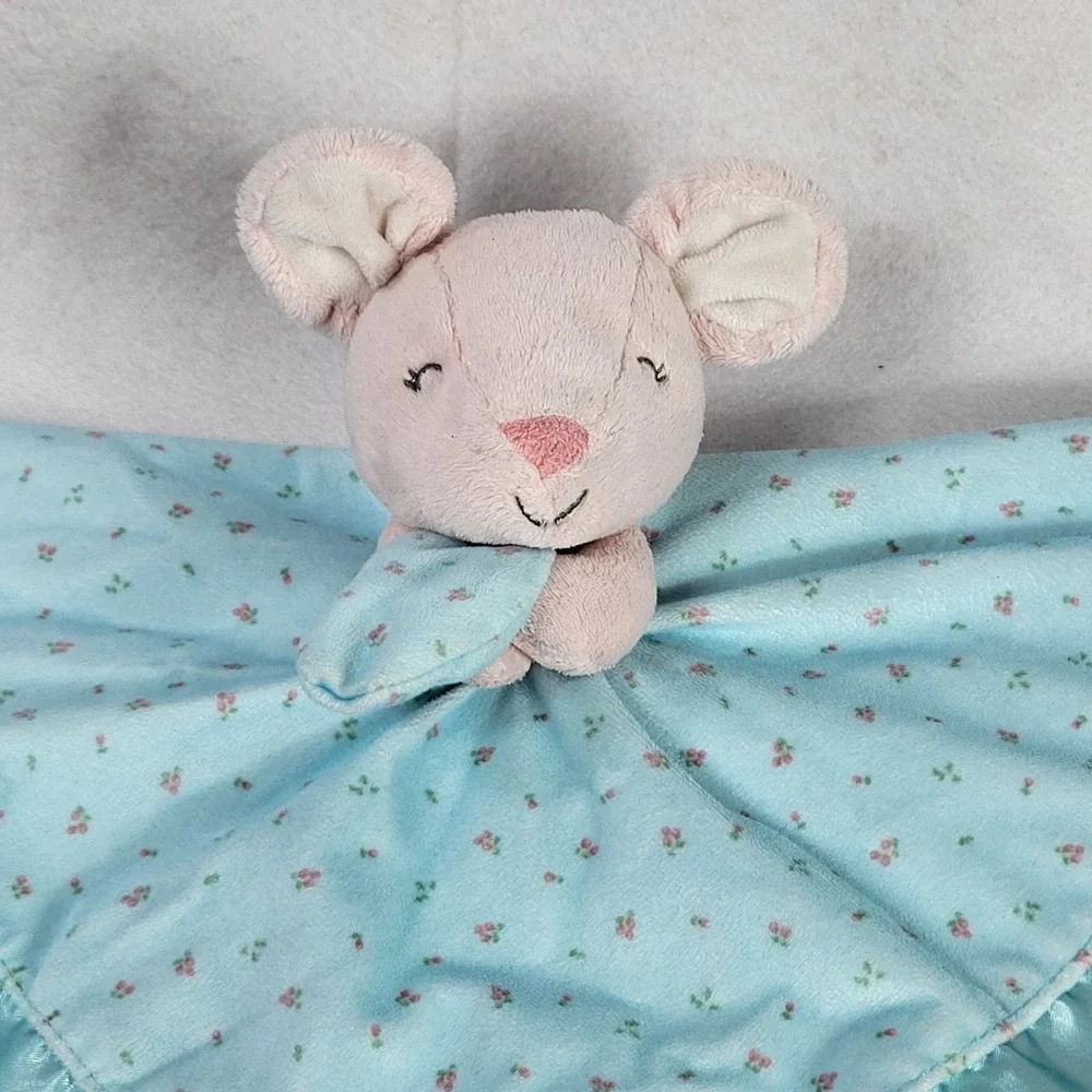 Carters Pink & Blue Teal Floral Stuffed Mouse‎ Lovey Plush Satin Edges Blanky